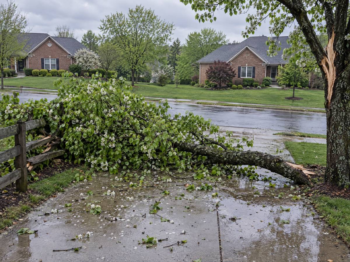 Split-off Bradford pear limb lying across a wet driveway after a spring storm, a broken split-rail fence under its leaves