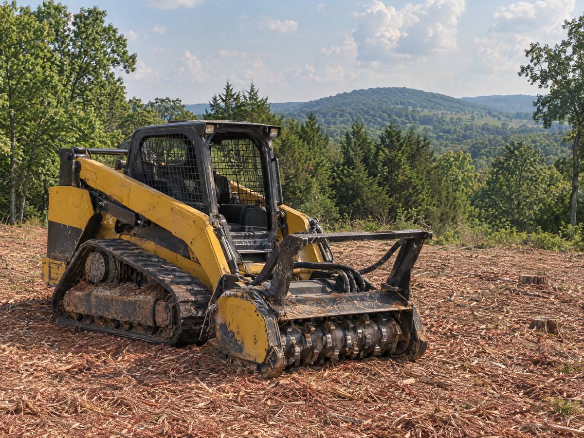 Tracked forestry mulcher parked on a lot cleared of cedar and privet, fresh mulch on the ground and wooded hills beyond