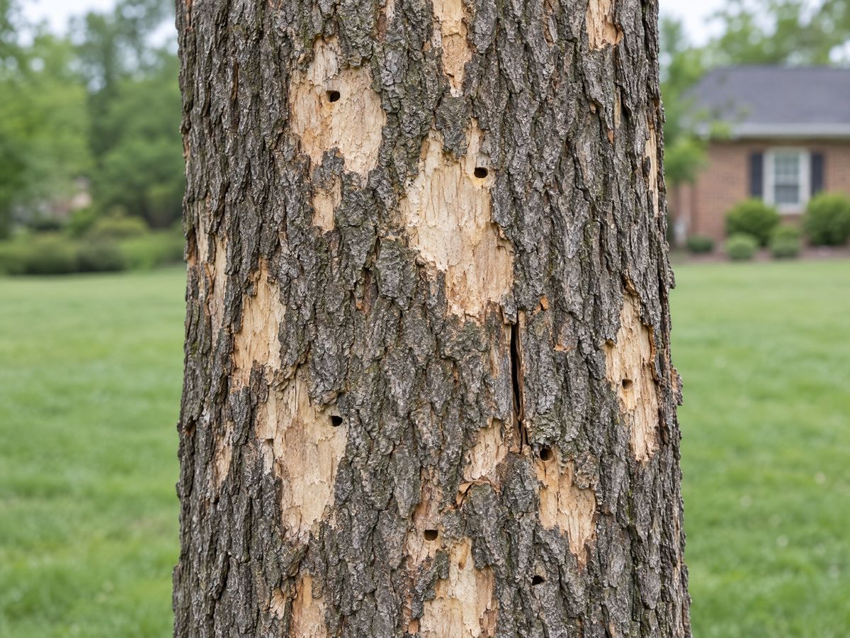Green ash trunk with pale patches where woodpeckers flaked the bark and small exit holes in it