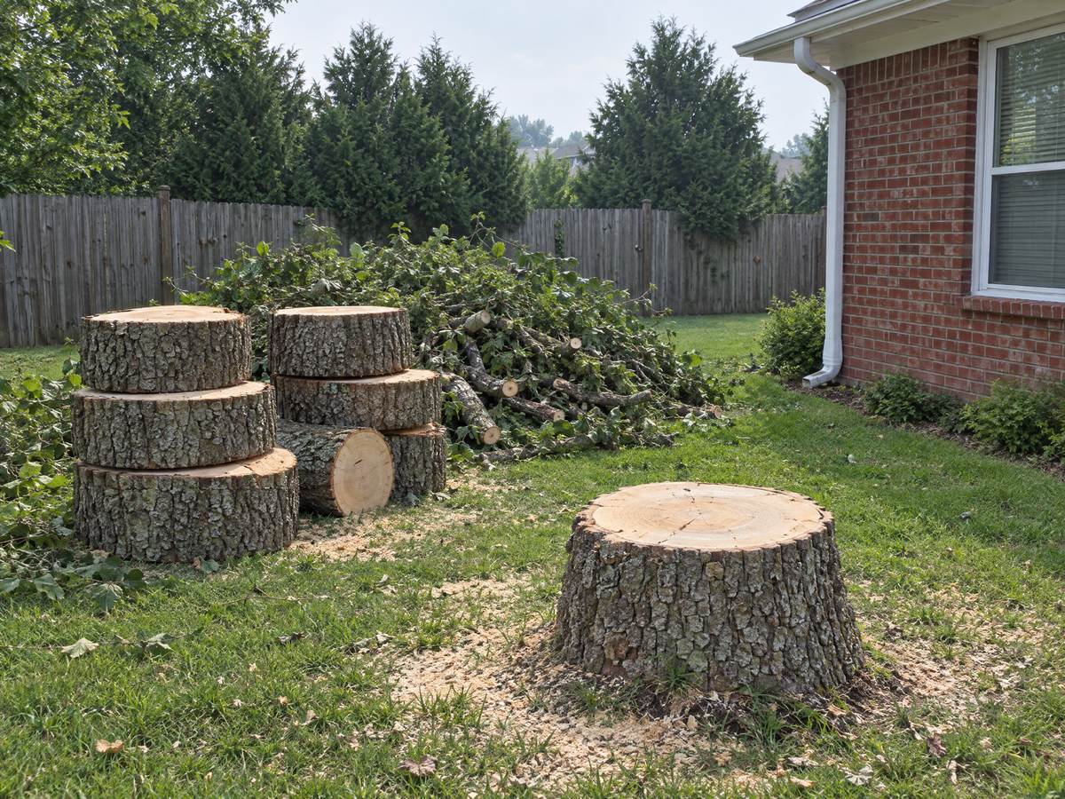 Hackberry trunk cut into rounds and stacked on the lawn next to its fresh stump, sawdust in the grass beside a brick ranch