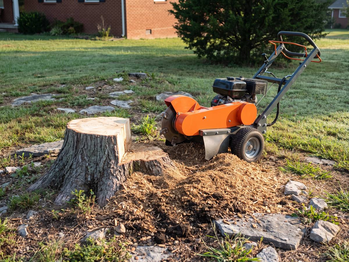 Compact stump grinder parked beside a half-ground oak stump, a mound of wood chips and limestone slabs in thin soil
