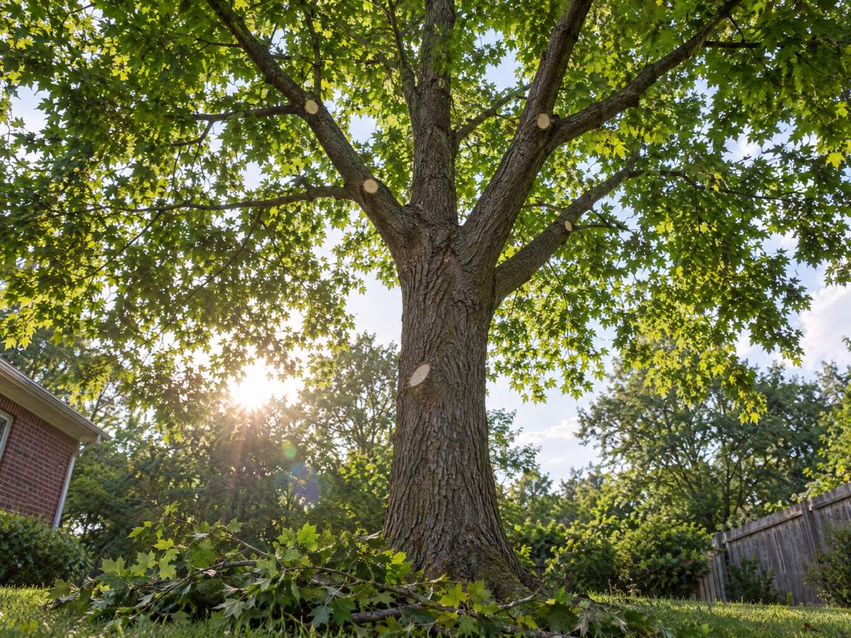 Red maple canopy thinned and raised, fresh pruning cuts at the branch collars and cut limbs piled at the trunk